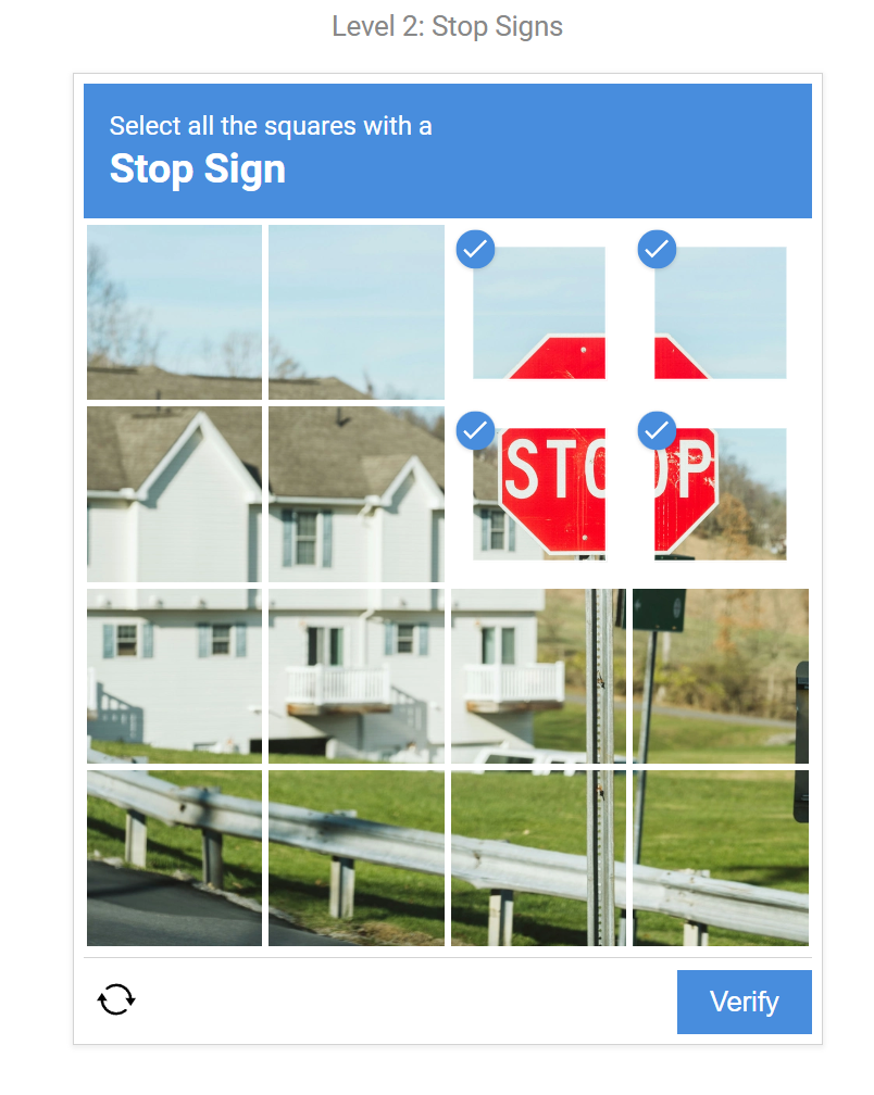 Level 2 stop signs captcha with correct selections