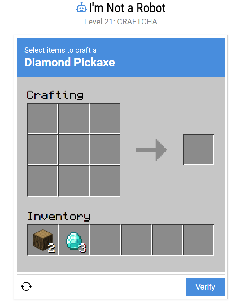 CRAFTCHA interface showing crafting grid and inventory